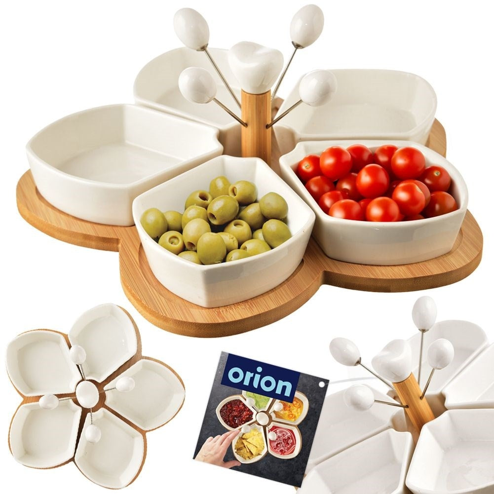 Set of 5 porcelain bowls on bamboo tray with 4 skewers
