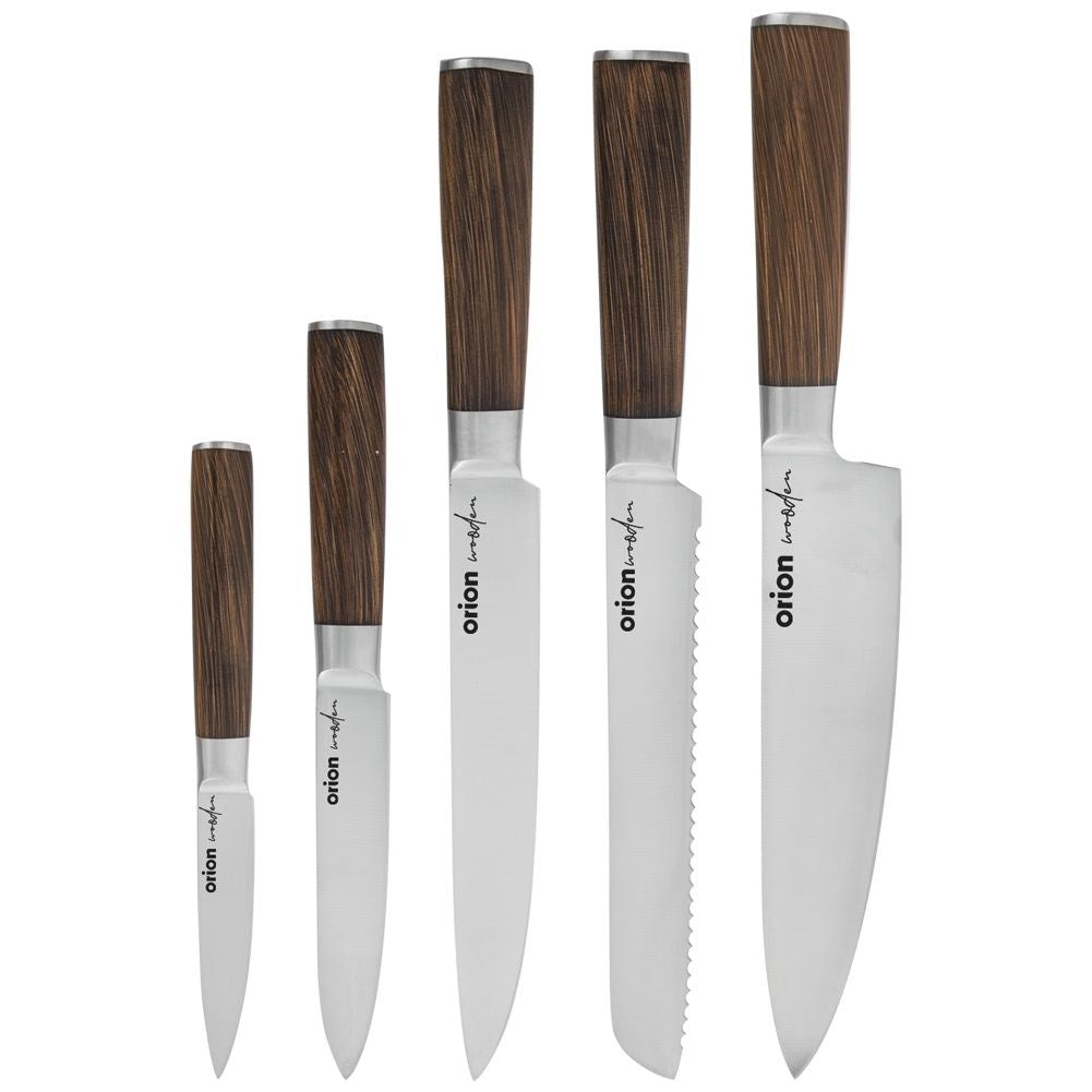 Set of 5 stainless steel kitchen knives with wooden handles