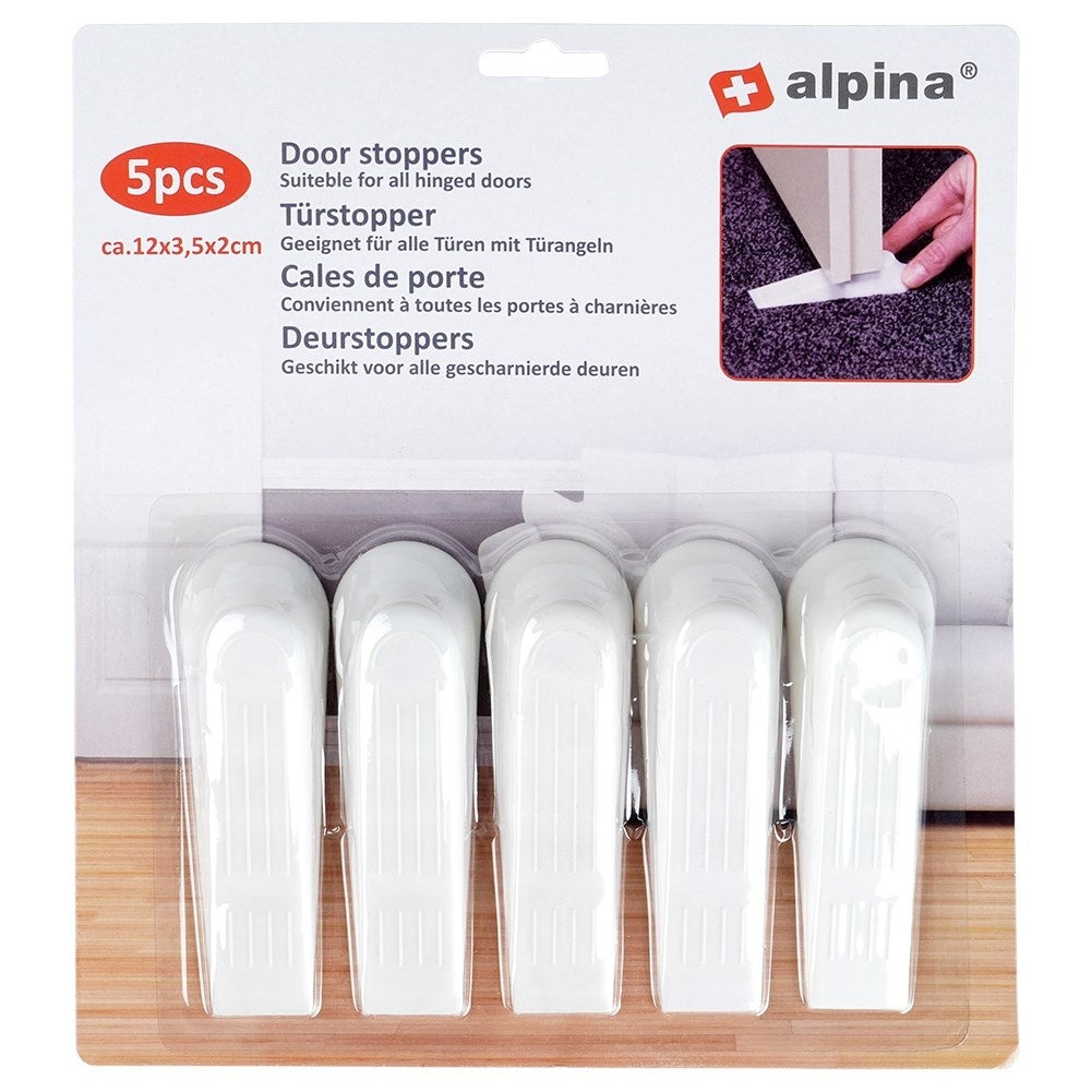 Set of 5 white plastic door stops, protects doors and floors