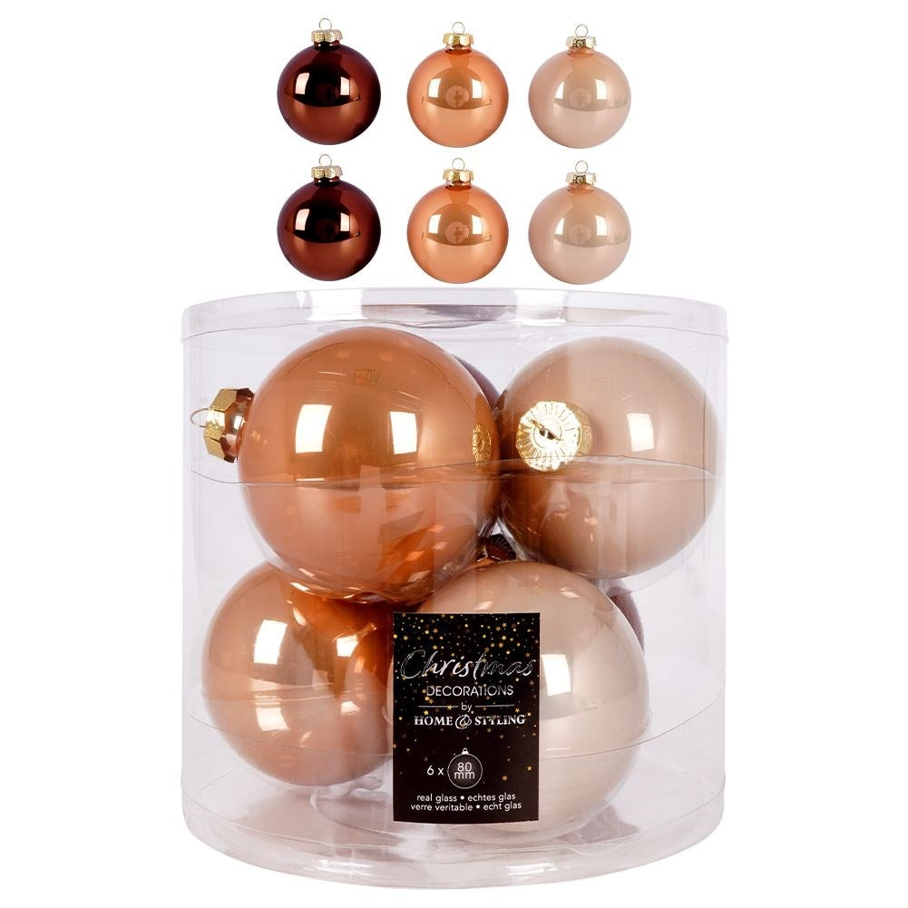 Set of 6 amber colored Christmas tree balls in glass