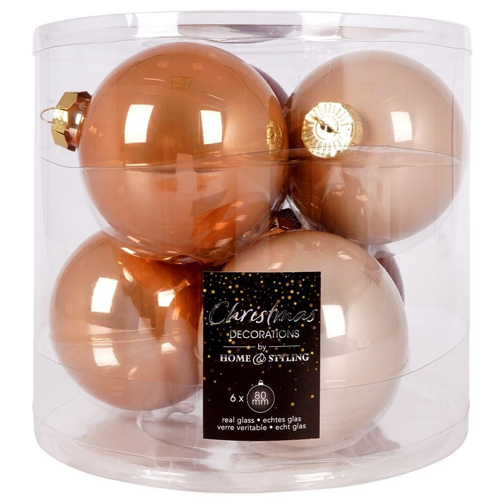 Set of 6 amber colored Christmas tree balls in glass