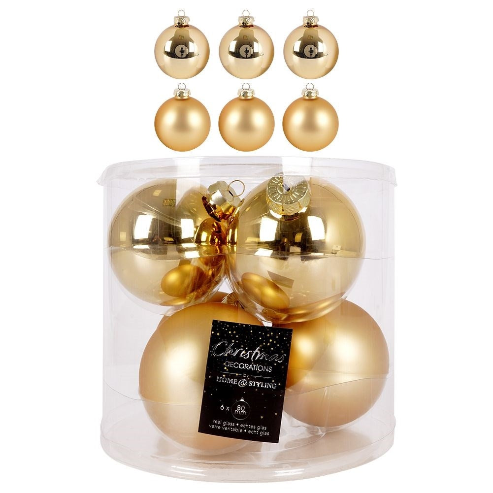 Set of 6 elegant gold colored Christmas tree balls in glass