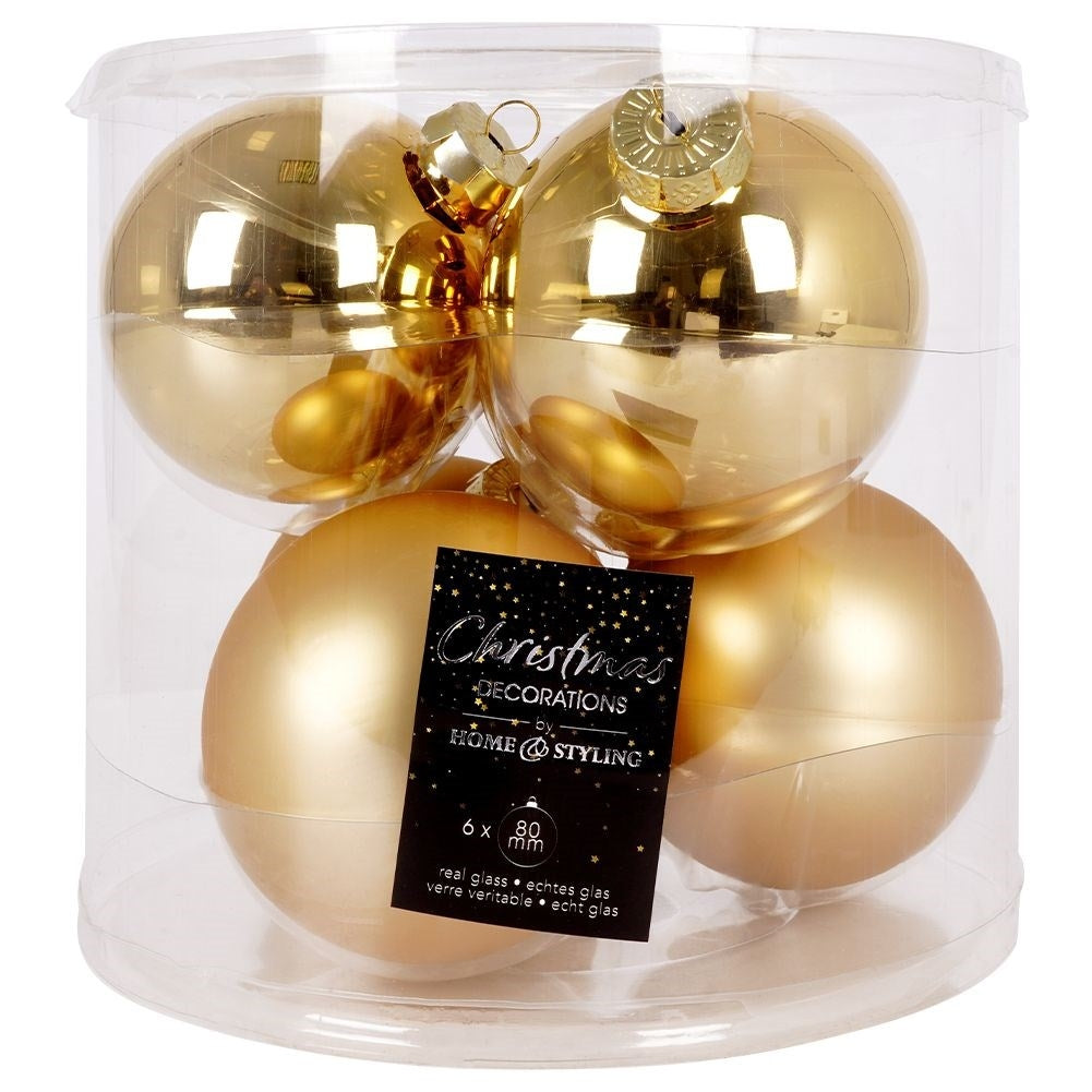 Set of 6 elegant gold colored Christmas tree balls in glass
