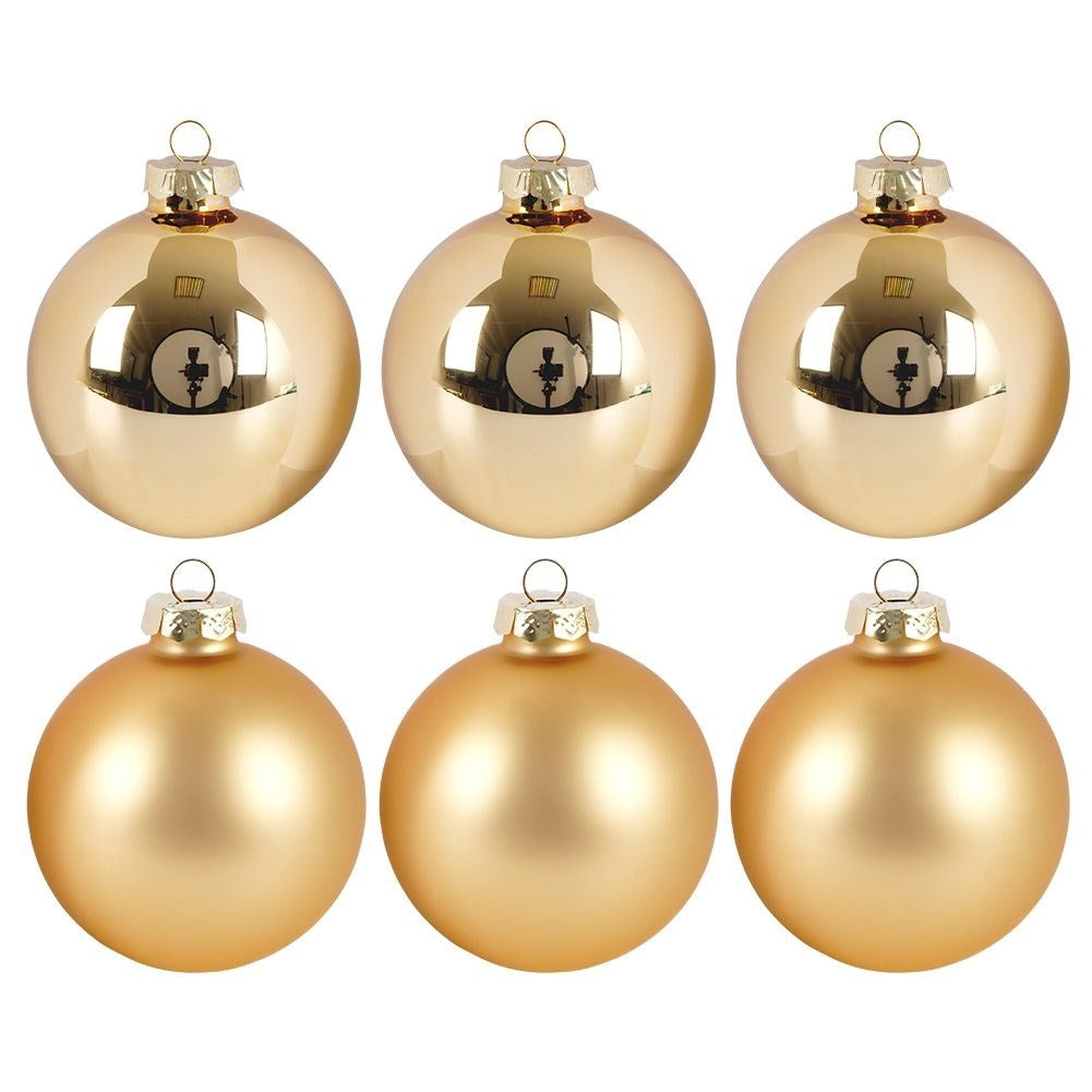 Set of 6 elegant gold colored Christmas tree balls in glass