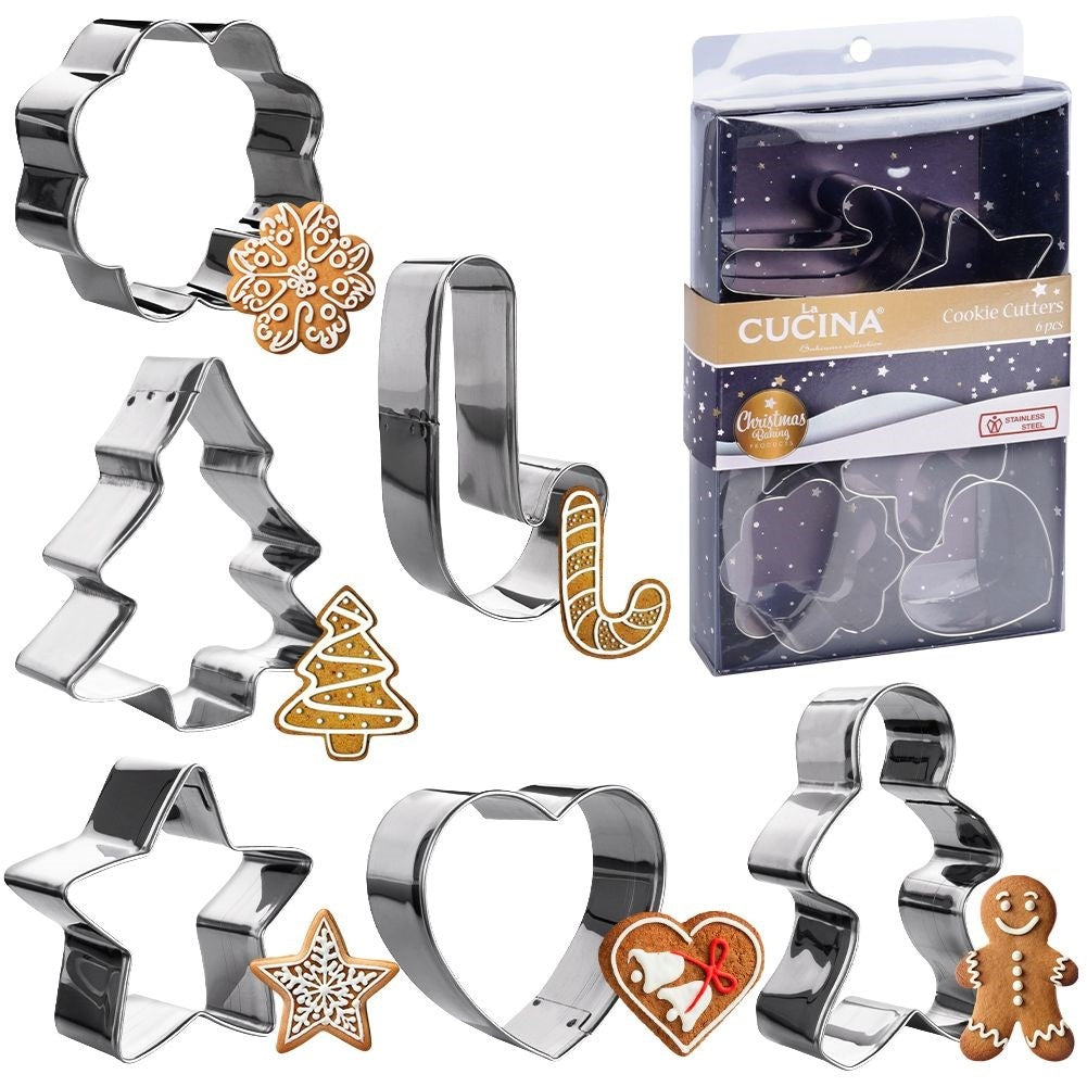 Set of 6 gingerbread molds in a Christmas motif, stainless steel