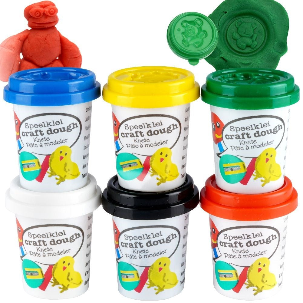 Set of 6 large colorful clay containers with figure lids