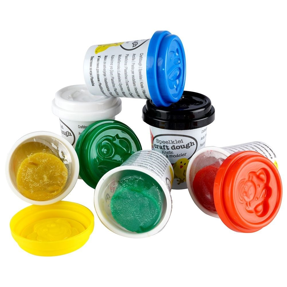 Set of 6 large colorful clay containers with figure lids