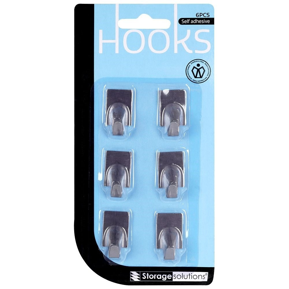 Set of 6 rectangular stainless steel self-adhesive hooks