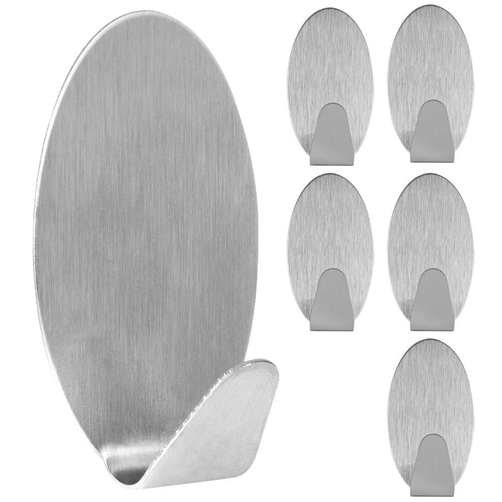 Set of 6 self-adhesive oval stainless steel hooks