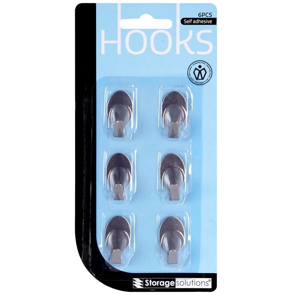 Set of 6 self-adhesive oval stainless steel hooks