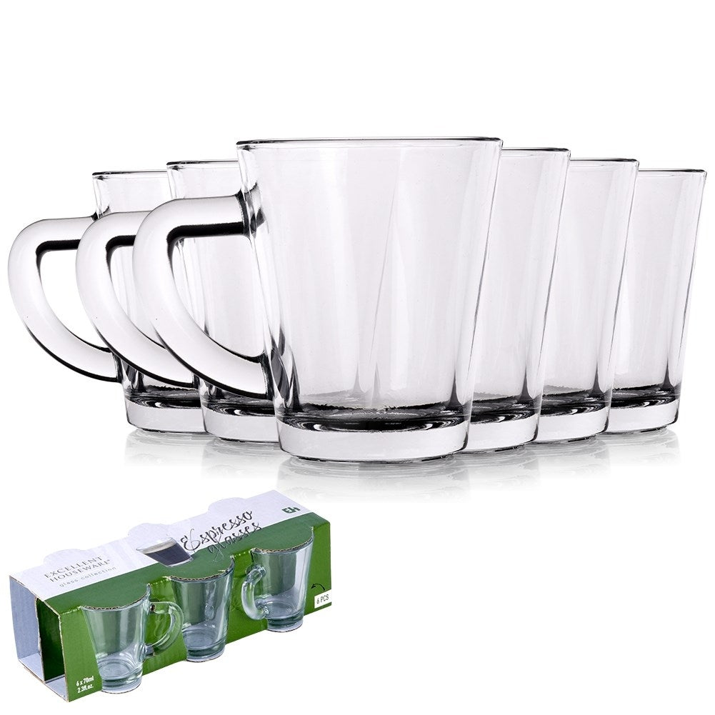 Set of 6 small glasses with handles for espresso, thick glass