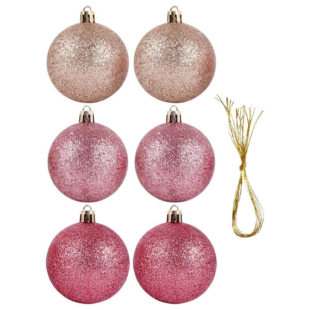 Set of 6 unbreakable and glittering Christmas tree balls in pink