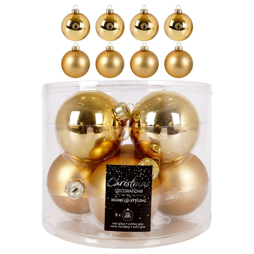 Set of 8 golden glass Christmas tree balls - matt and glossy