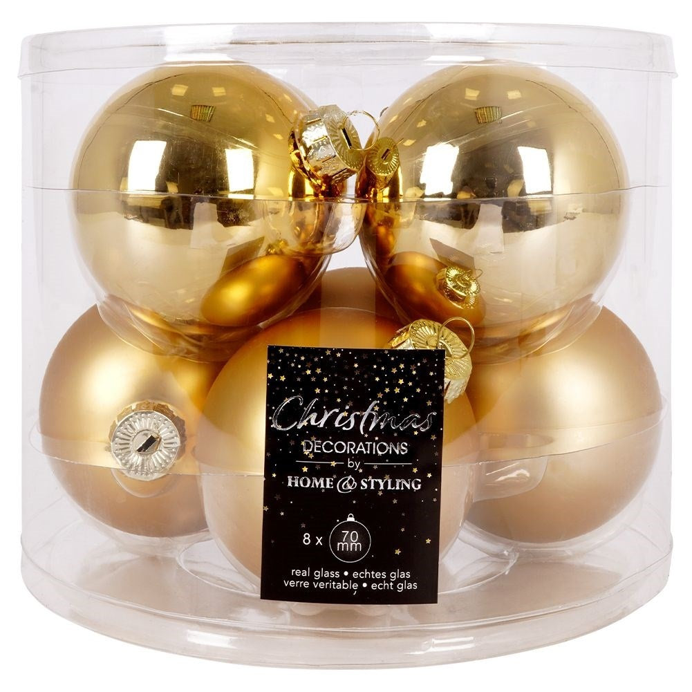 Set of 8 golden glass Christmas tree balls - matt and glossy