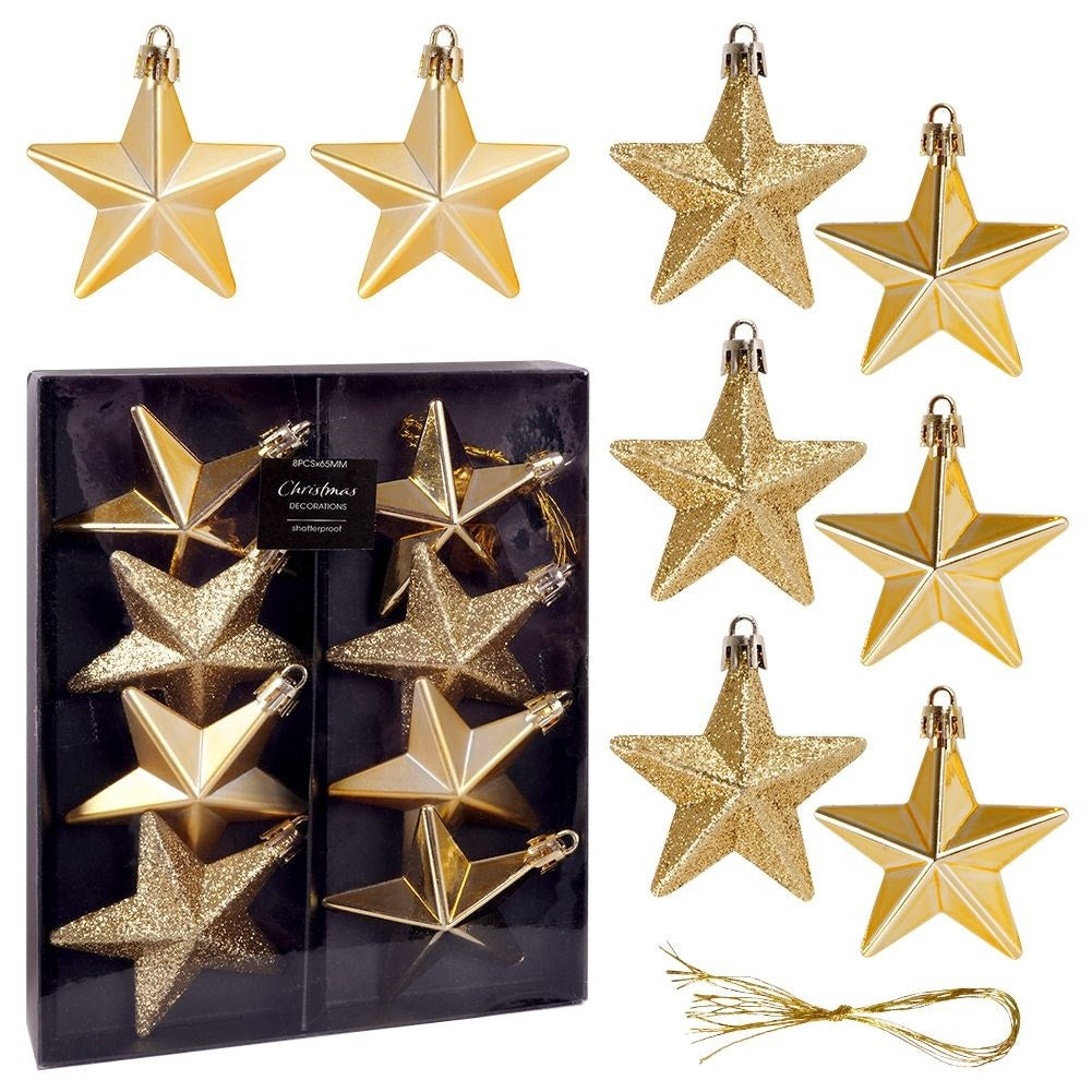 Set of 8 unbreakable star-shaped Christmas tree balls in gold
