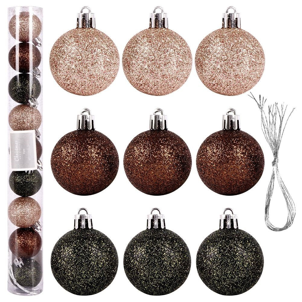 Set of 9 durable Christmas tree balls in mother-of-pearl, brown and green