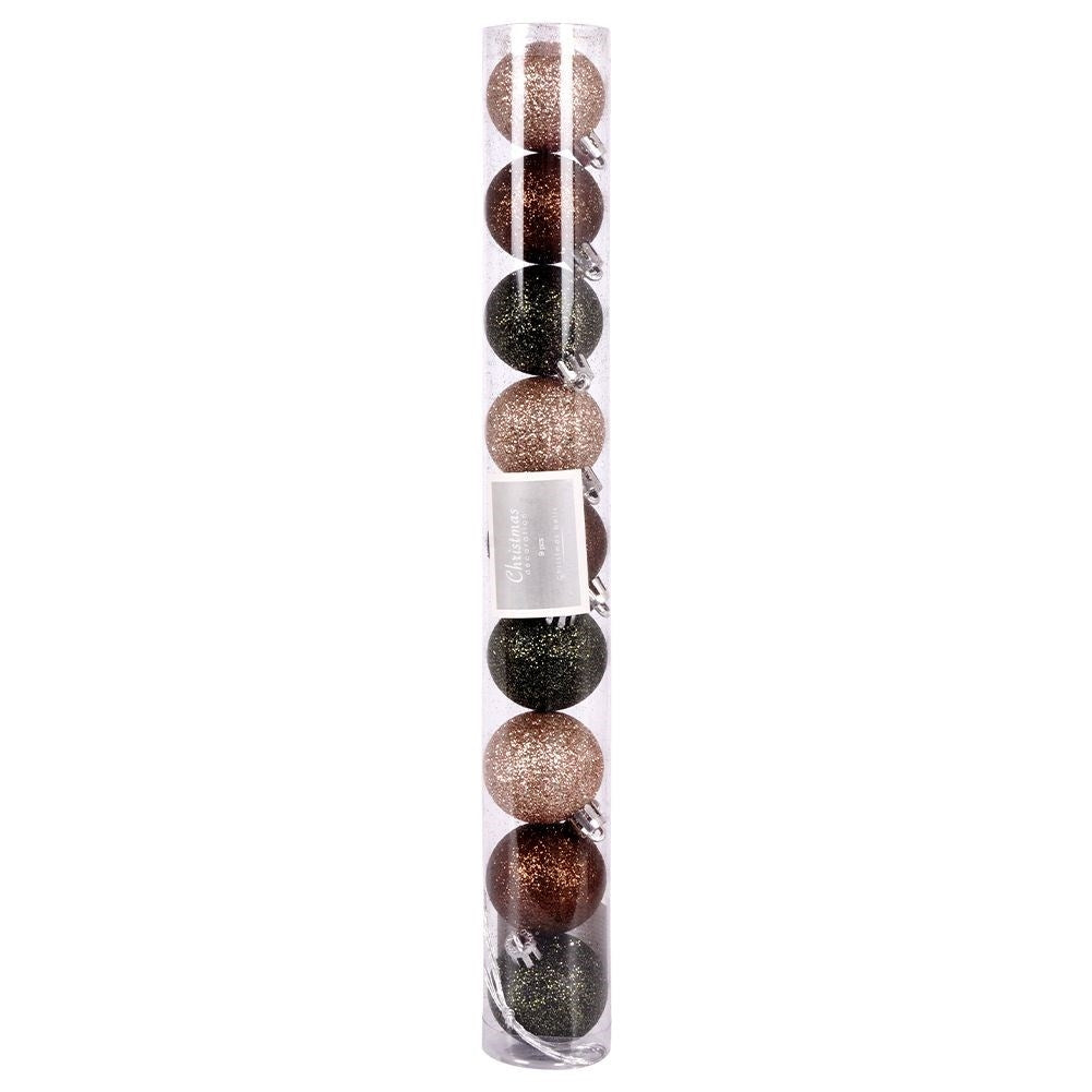 Set of 9 durable Christmas tree balls in mother-of-pearl, brown and green