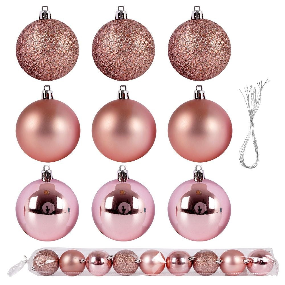 Set of 9 pink Christmas tree balls - glittery, matte, shiny