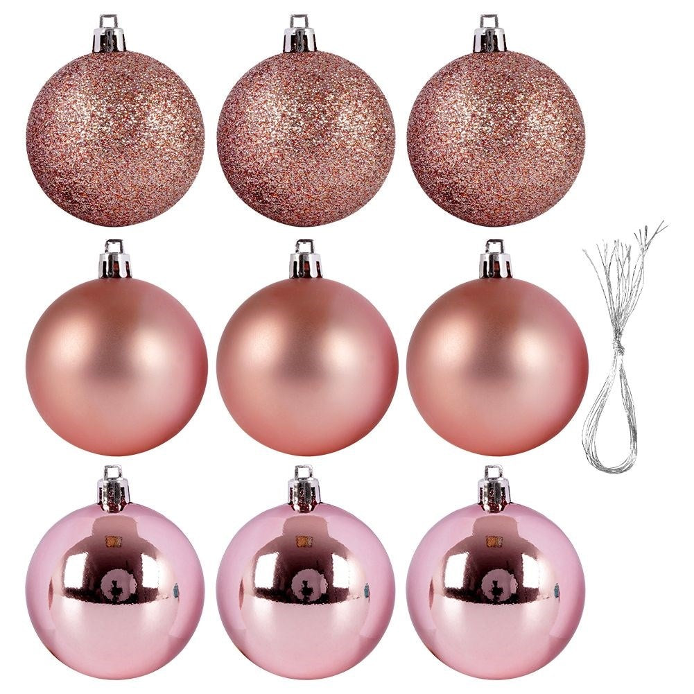 Set of 9 pink Christmas tree balls - glittery, matte, shiny
