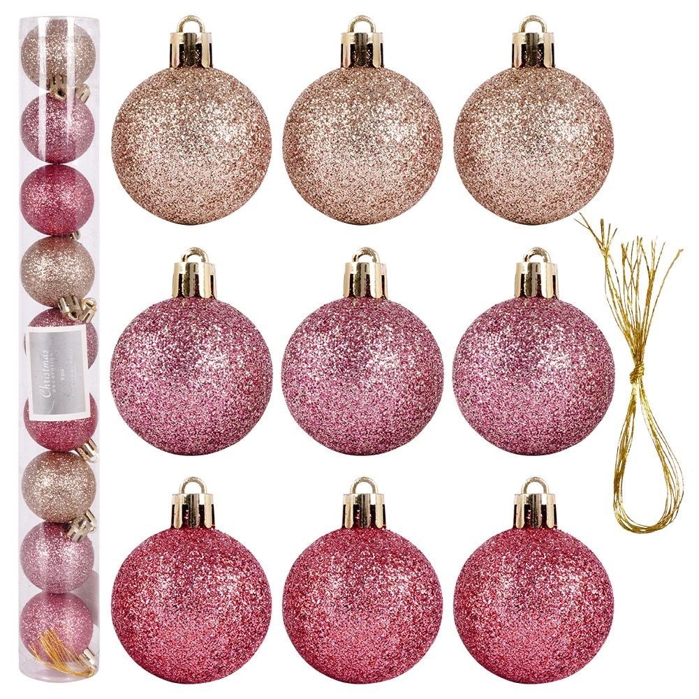 Set of 9 unbreakable sparkling pink Christmas tree balls