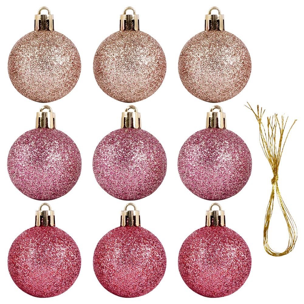 Set of 9 unbreakable sparkling pink Christmas tree balls