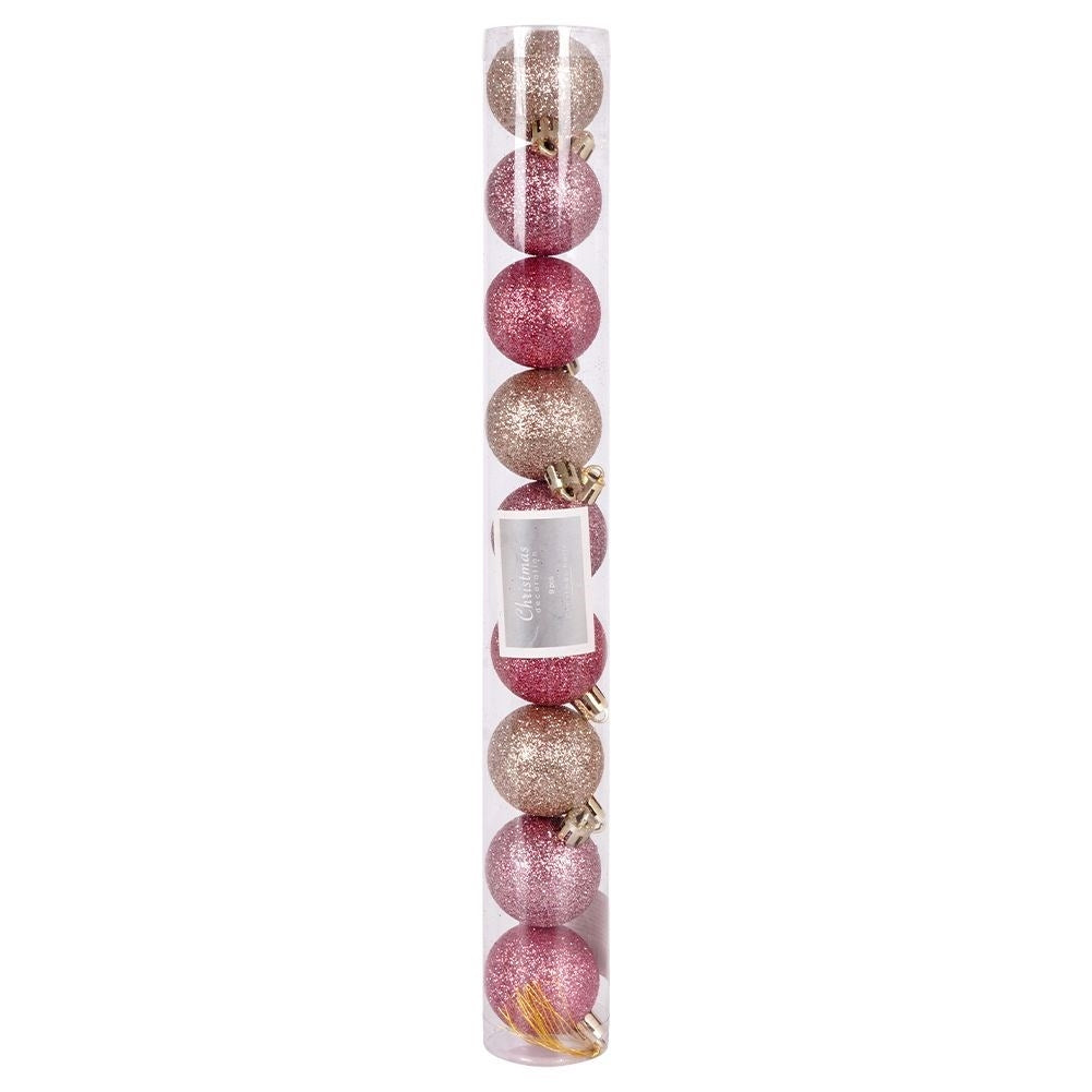 Set of 9 unbreakable sparkling pink Christmas tree balls
