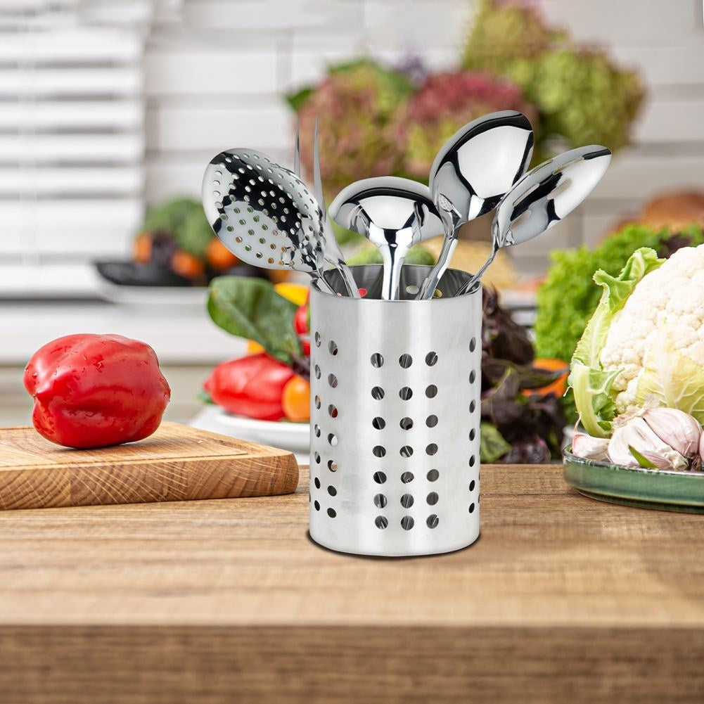 Set of Kitchen Utensils in Stainless Steel with Storage Basket