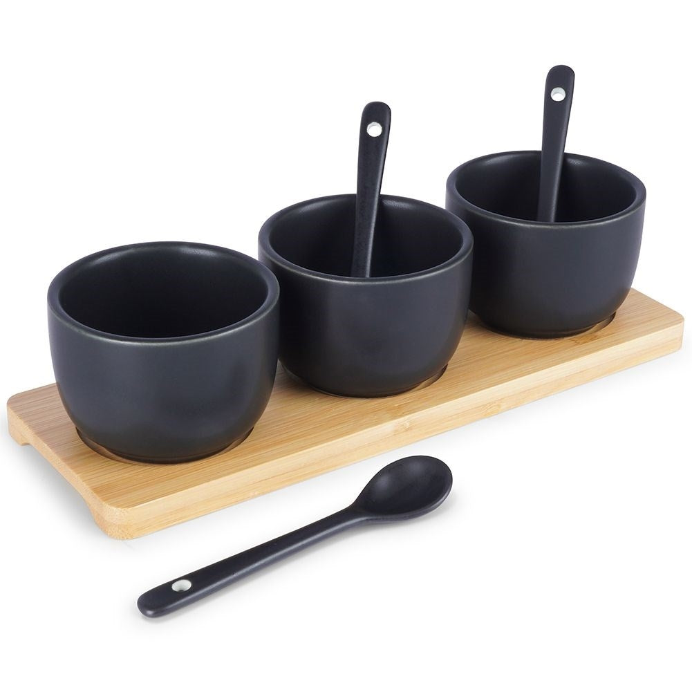 Set of Three Bowls on Bamboo Tray for Serving