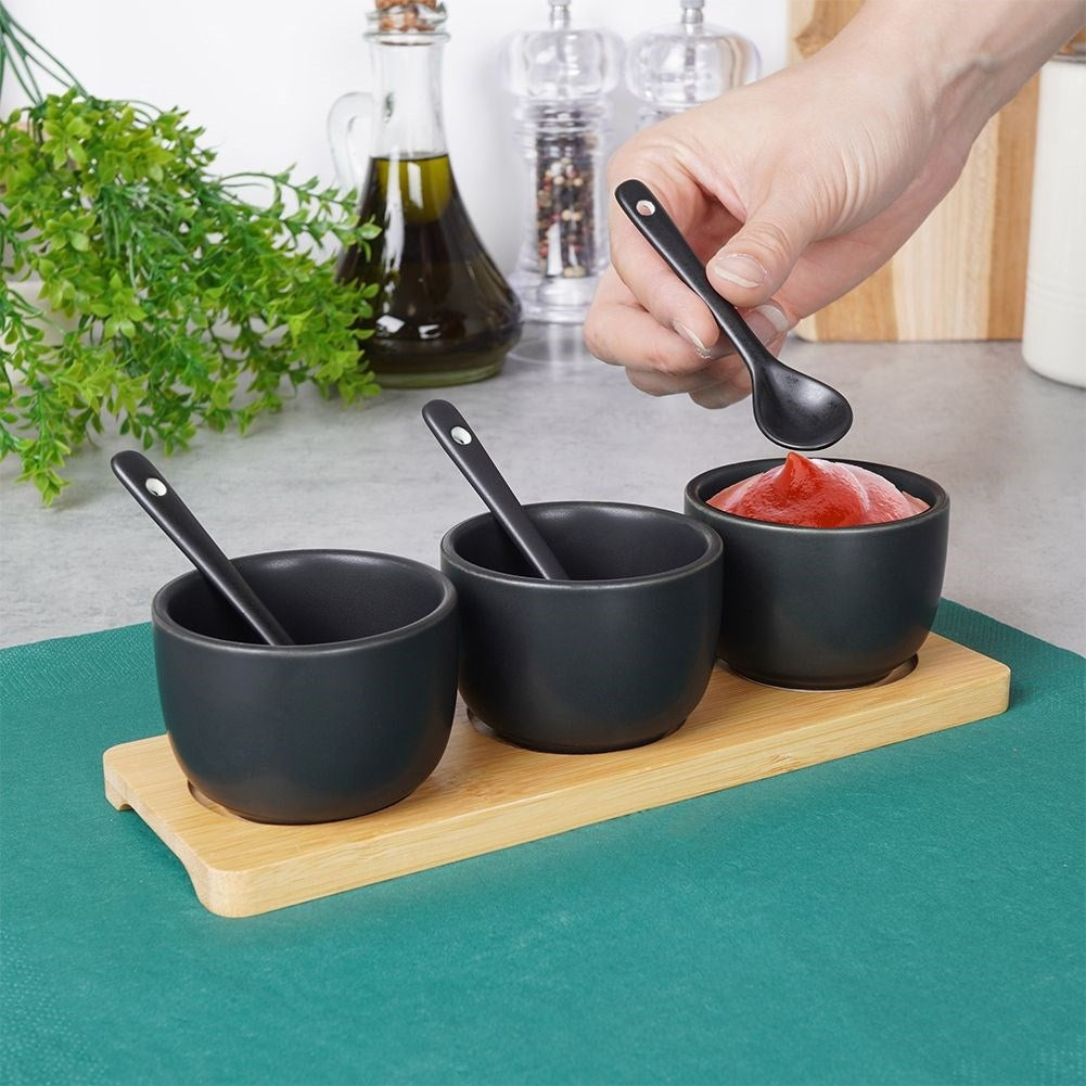 Set of Three Bowls on Bamboo Tray for Serving
