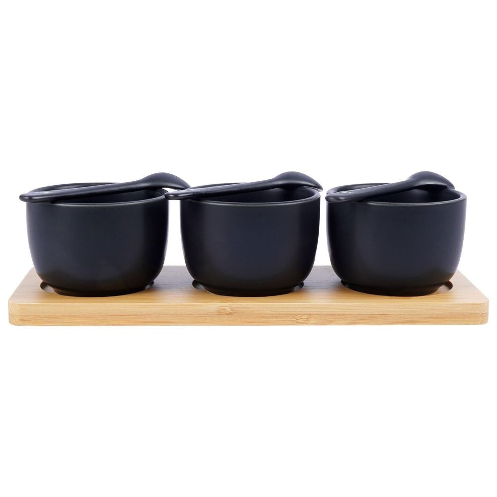 Set of Three Bowls on Bamboo Tray for Serving