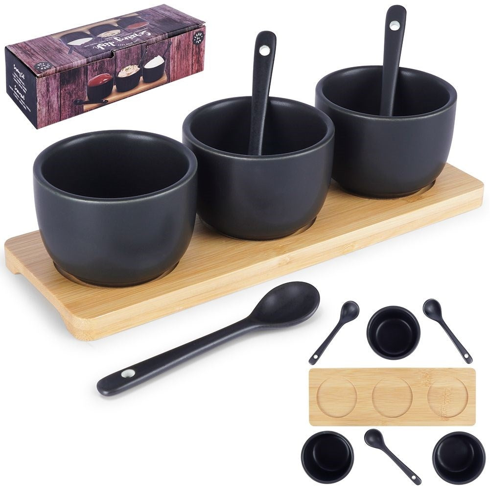 Set of Three Bowls on Bamboo Tray for Serving