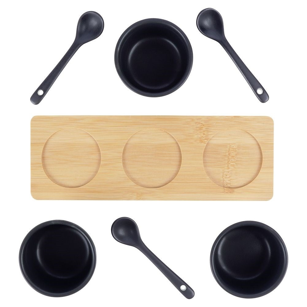 Set of Three Bowls on Bamboo Tray for Serving