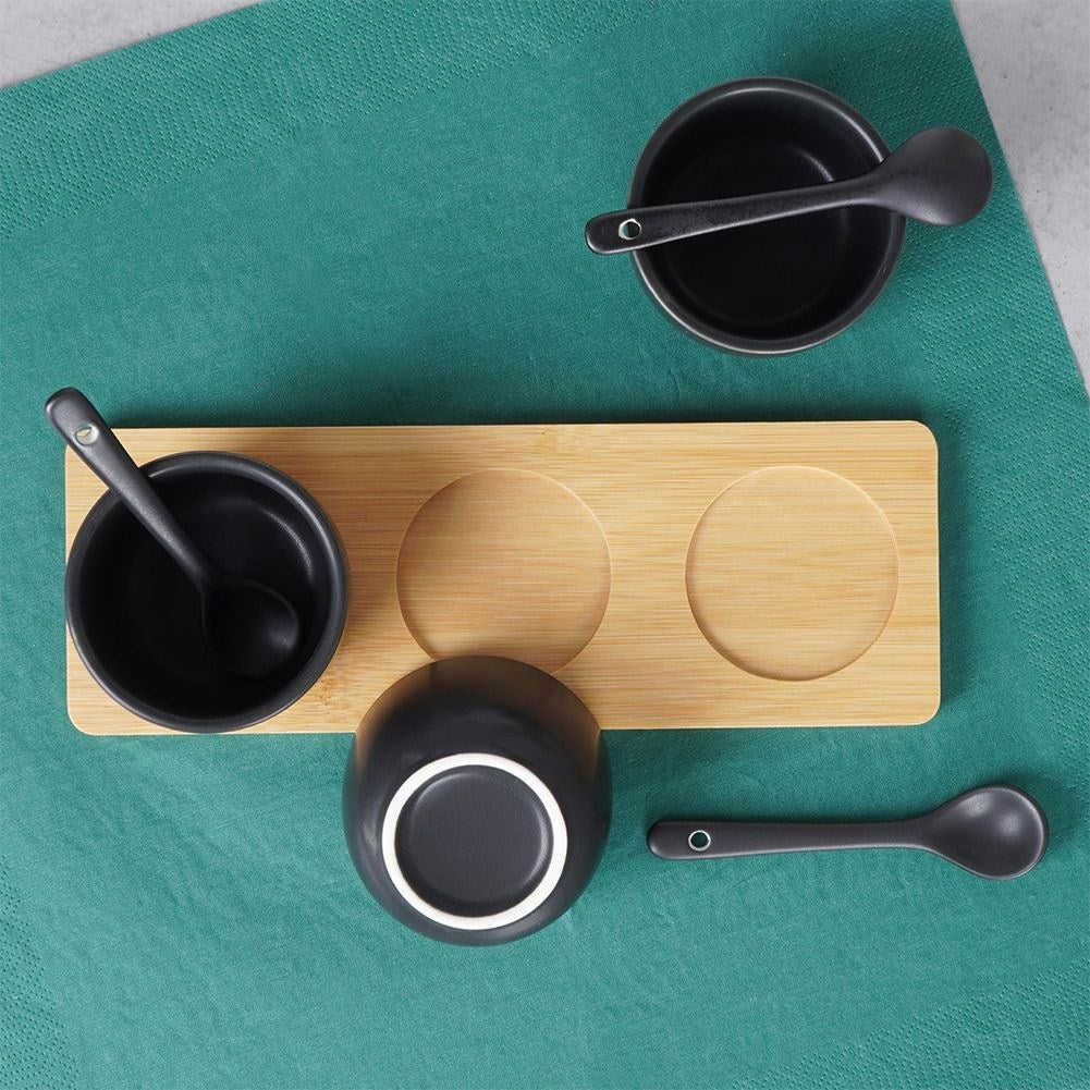 Set of Three Bowls on Bamboo Tray for Serving