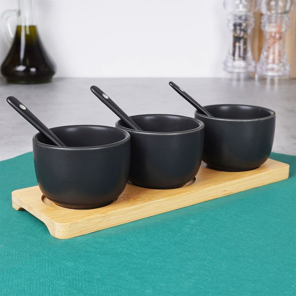 Set of Three Bowls on Bamboo Tray for Serving