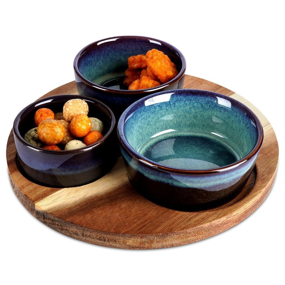 Set of Three Bowls on Round Tray for Serving Snacks