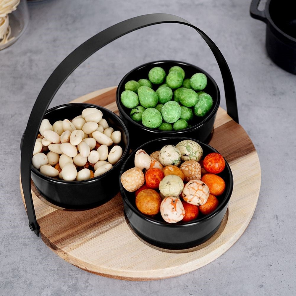 Set of Three Bowls on Round Tray for Serving Snacks
