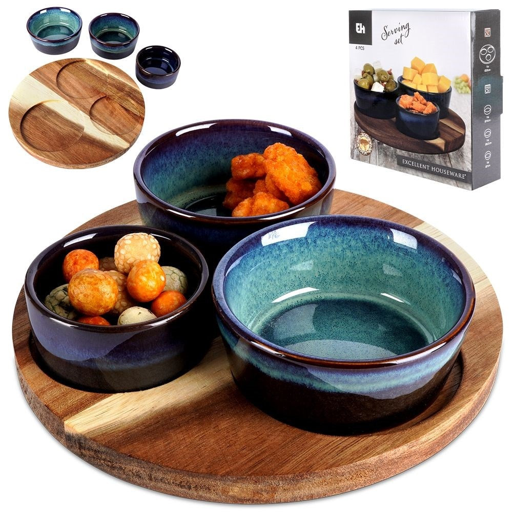 Set of Three Bowls on Round Tray for Serving Snacks