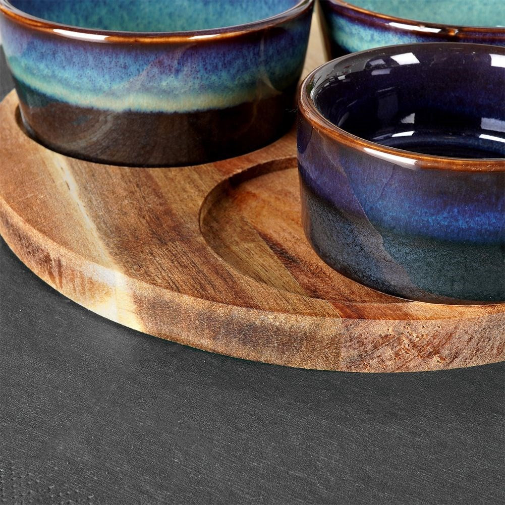 Set of Three Bowls on Round Tray for Serving Snacks