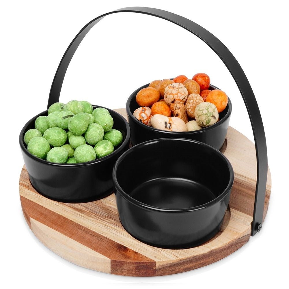 Set of Three Bowls on Round Tray for Serving Snacks