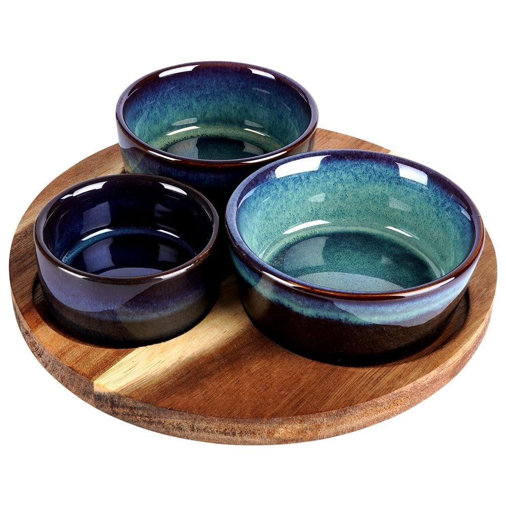 Set of Three Bowls on Round Tray for Serving Snacks