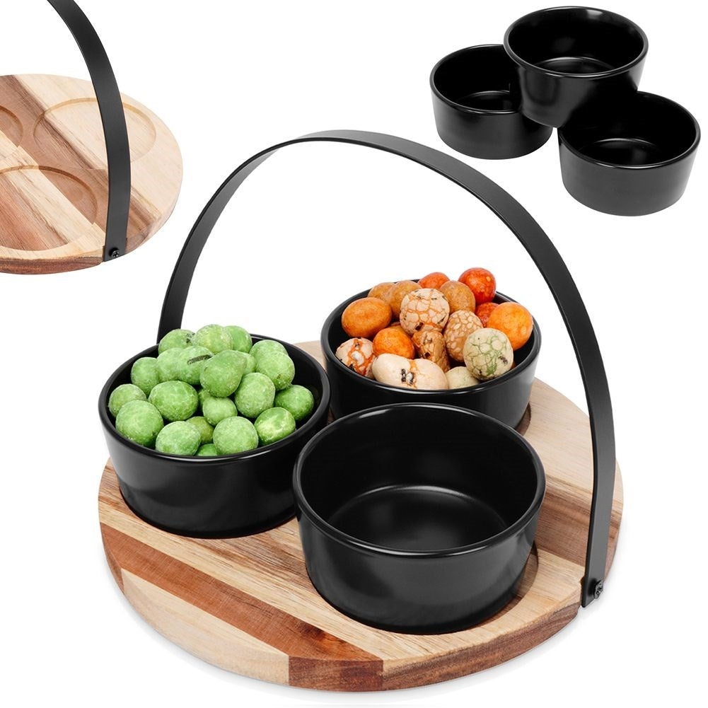 Set of Three Bowls on Round Tray for Serving Snacks