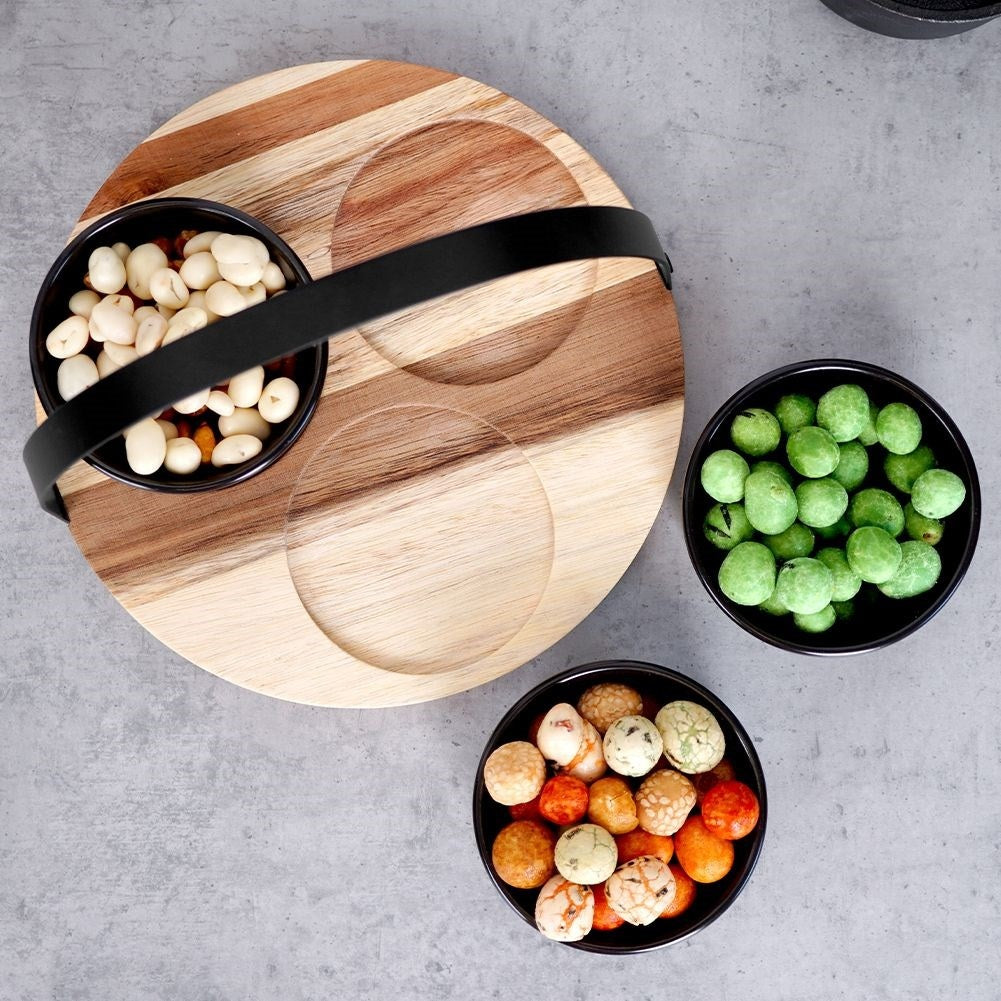 Set of Three Bowls on Round Tray for Serving Snacks