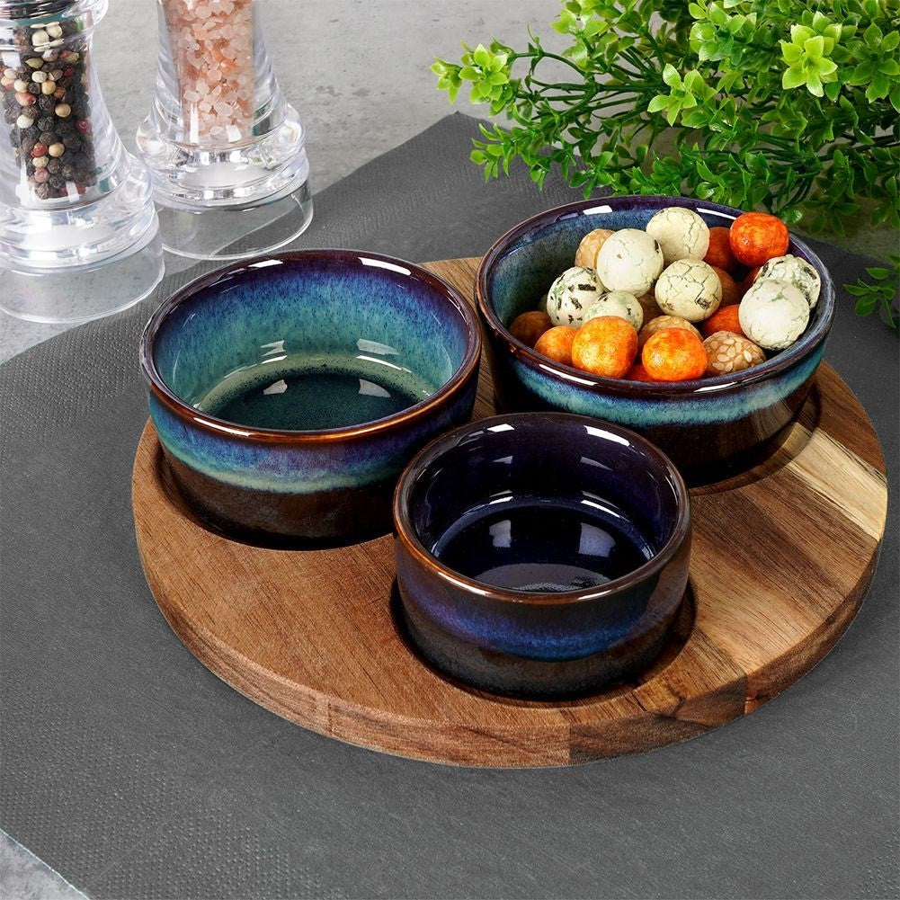 Set of Three Bowls on Round Tray for Serving Snacks