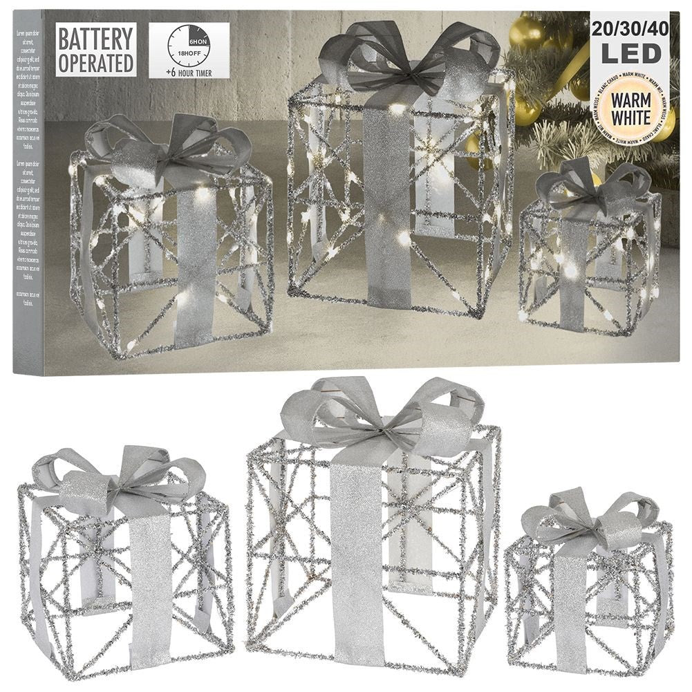 Set of Three Christmas Gifts in Silver with LED lights