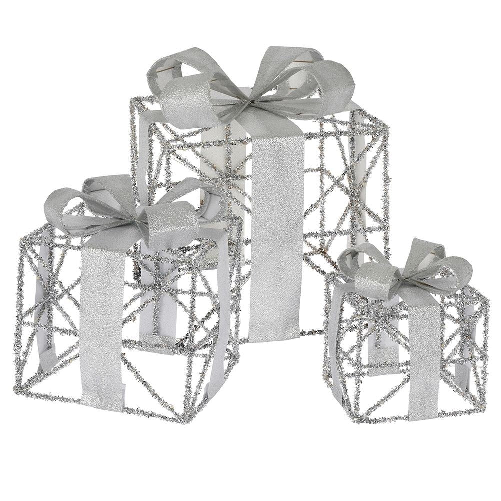 Set of Three Christmas Gifts in Silver with LED lights