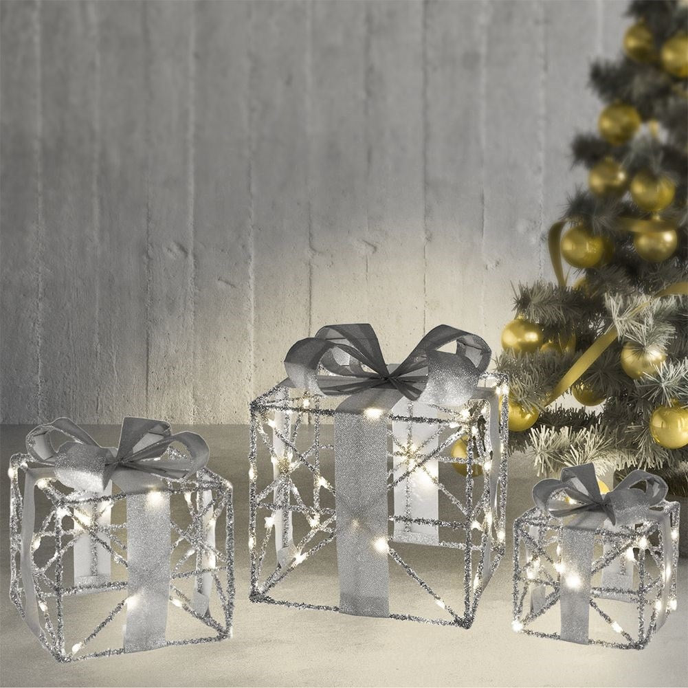 Set of Three Christmas Gifts in Silver with LED lights