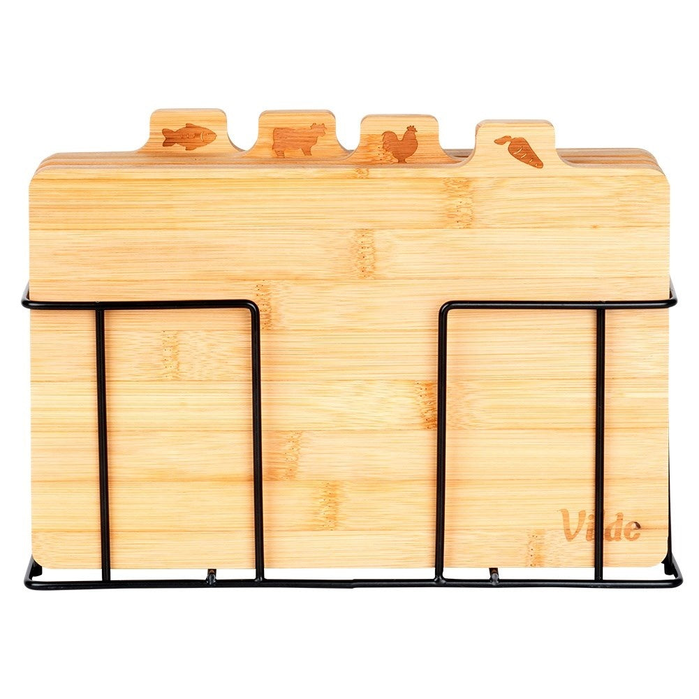 Set of bamboo cutting boards in a metal stand with a unique design
