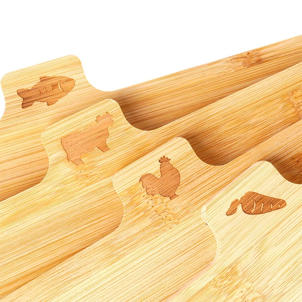 Set of bamboo cutting boards in a metal stand with a unique design