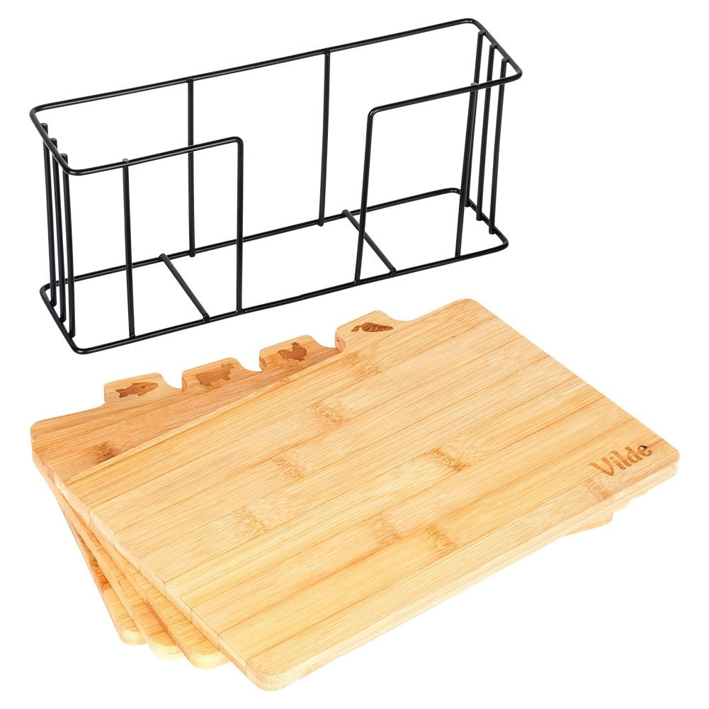 Set of bamboo cutting boards in a metal stand with a unique design