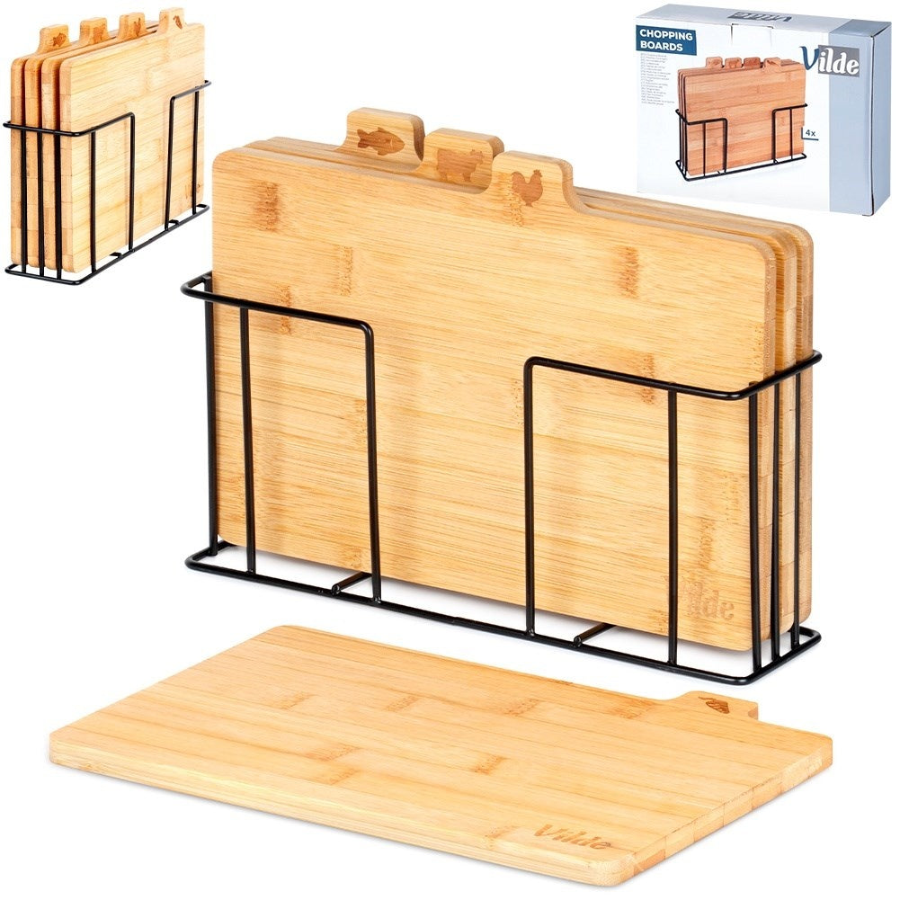 Set of bamboo cutting boards in a metal stand with a unique design